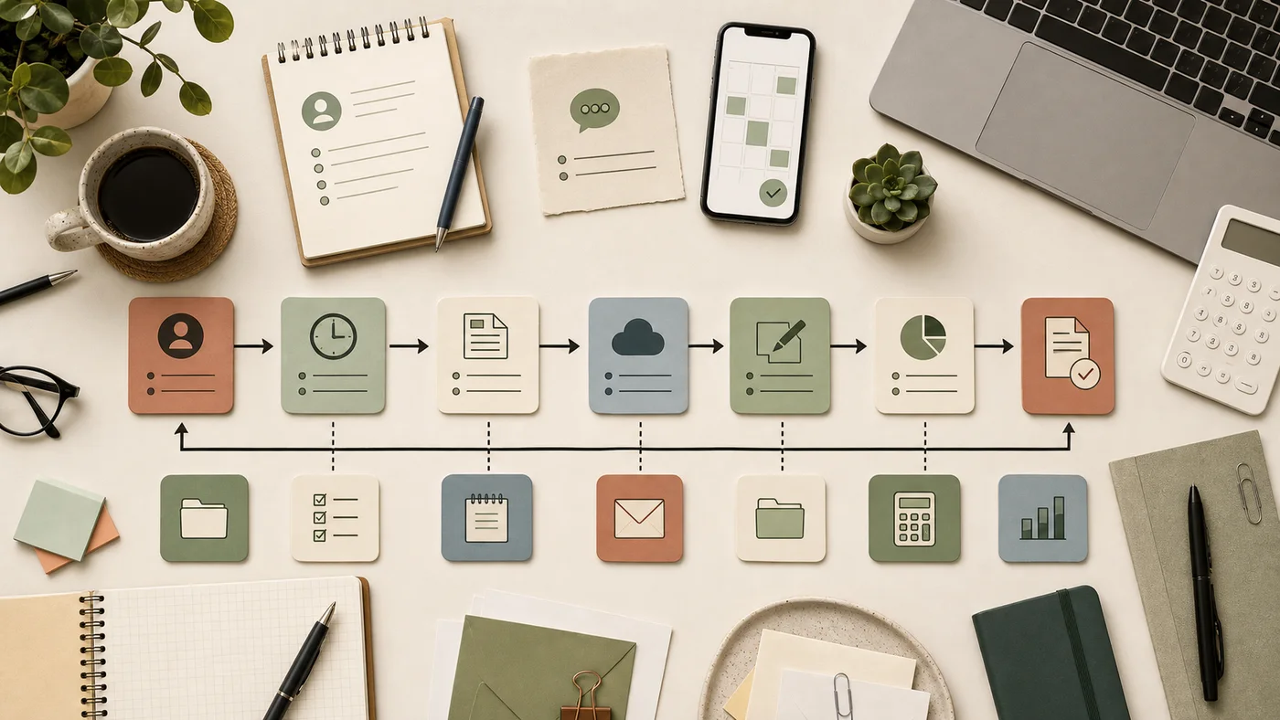 Best free tools for freelancers shown as a calm desk workflow with invoice software, time tracking, receipt capture, notes, client messages and organised payment records