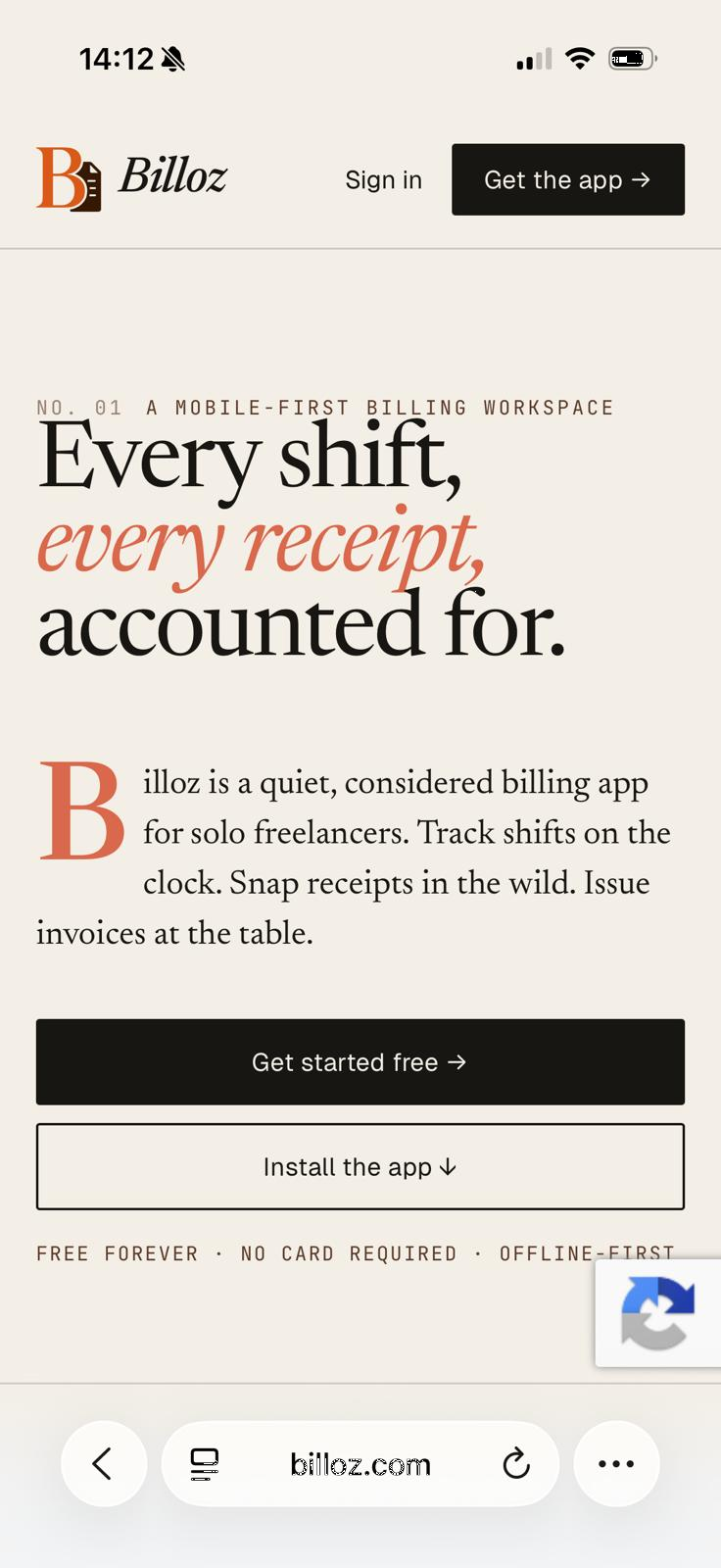 Billoz mobile dashboard showing invoice and work tracking