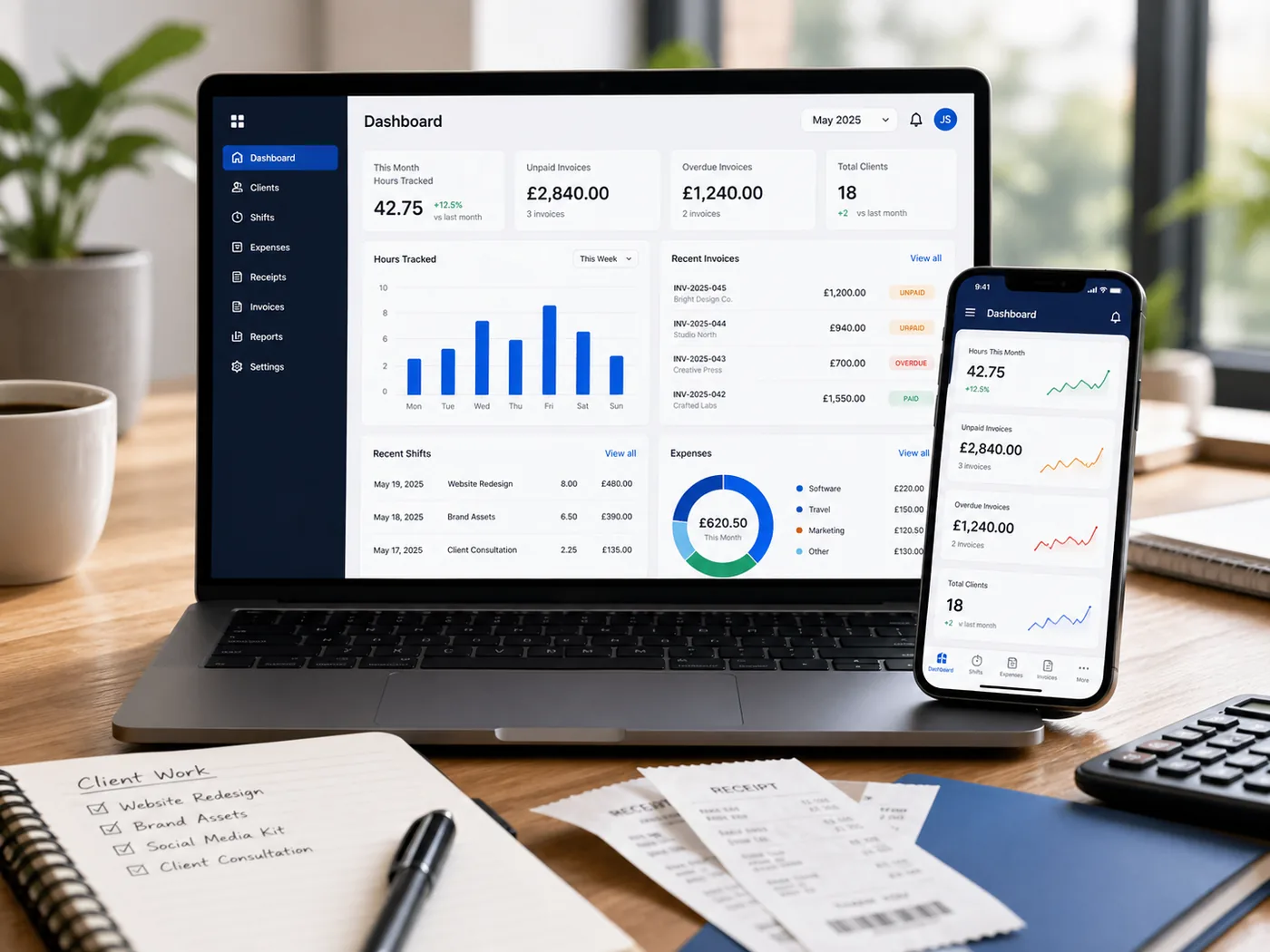 Billoz dashboard for tracking freelancer hours and unpaid invoices